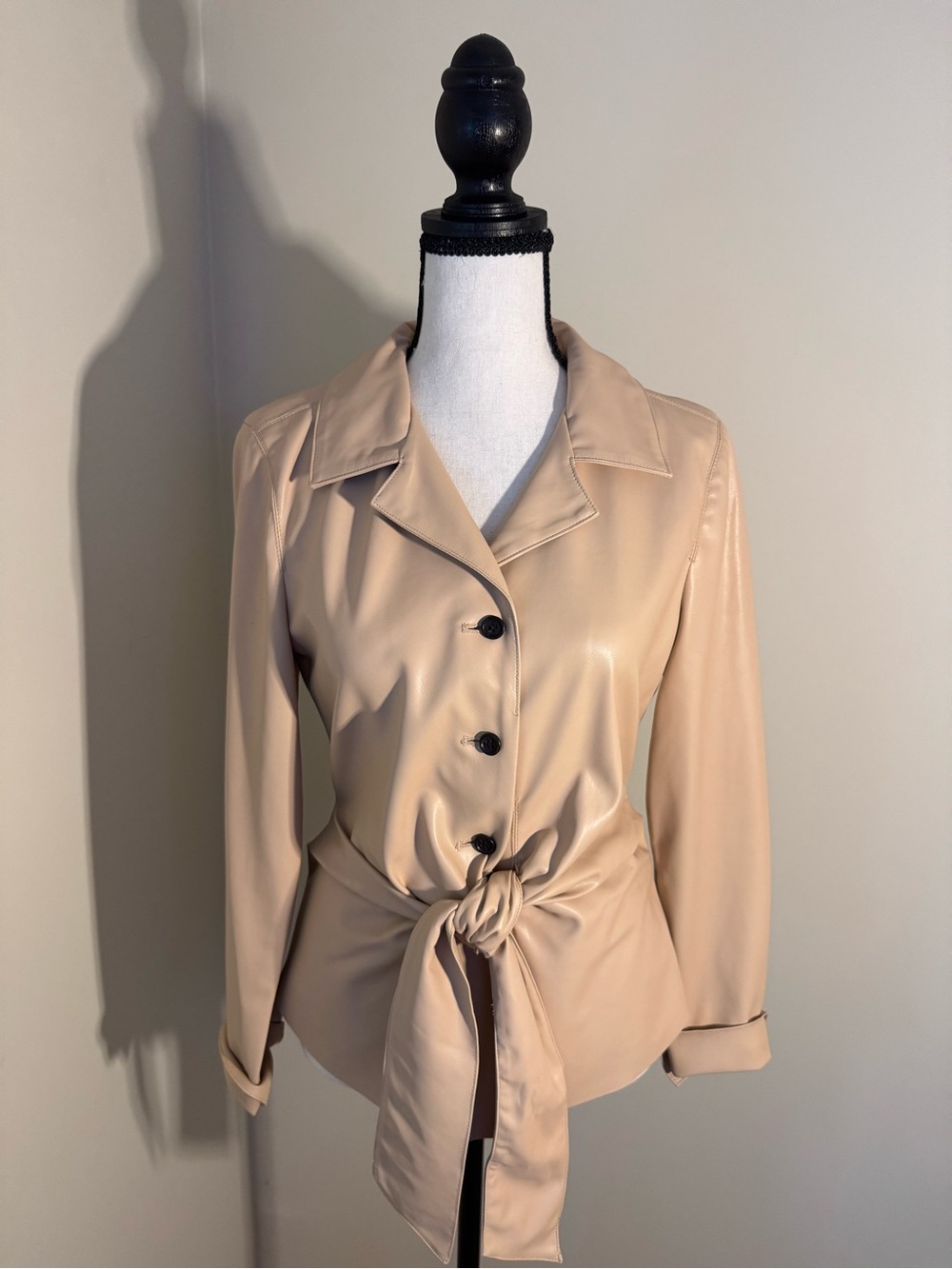 Donna Karan Light Beige Faux Leather Tie-Waist Blazer/Jacket